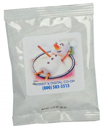 10oz Instant Hot Chocolate With Imprinting on White Foil Packaging -  3 3/4" L x 5 1/4" H
